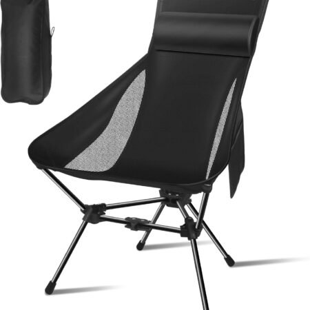 Portable camping chair with headrest and storage bag
