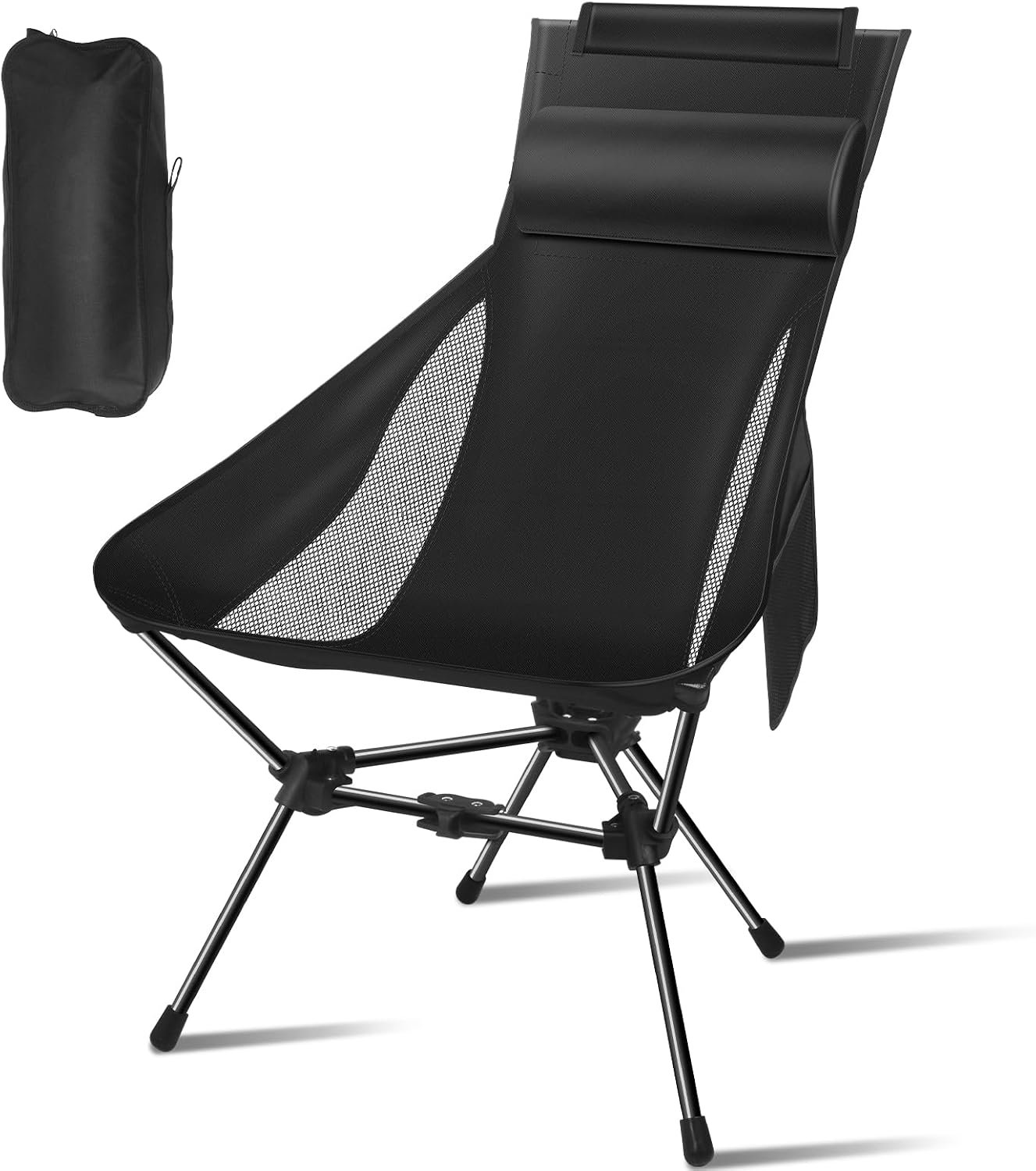 Portable camping chair with headrest and storage bag